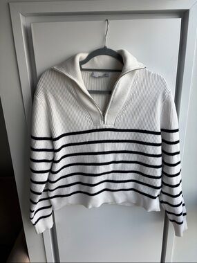 Mango White and dark navy Striped Half-Zip Sweater